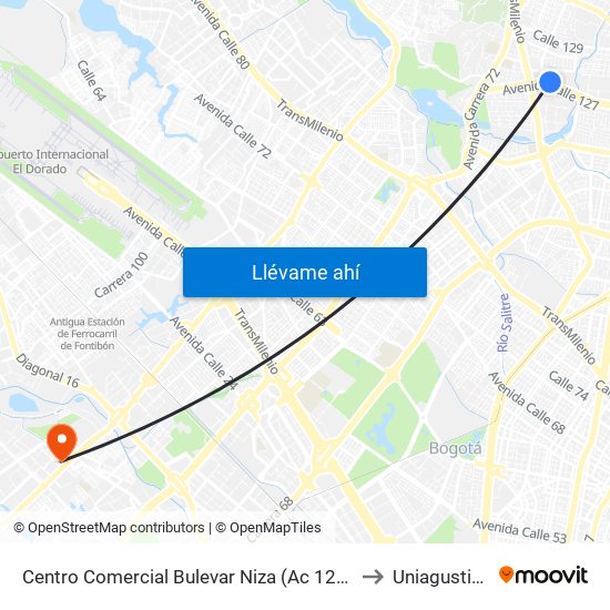 Centro Comercial Bulevar Niza (Ac 127 - Av. Villas) to Uniagustiniana map