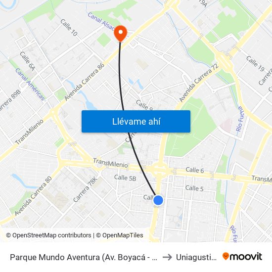 Parque Mundo Aventura (Av. Boyacá - Cl 2a Bis) (A) to Uniagustiniana map