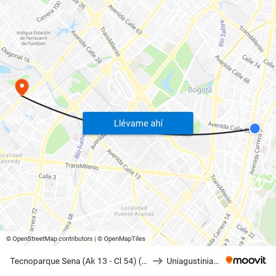 Tecnoparque Sena (Ak 13 - Cl 54) (A) to Uniagustiniana map