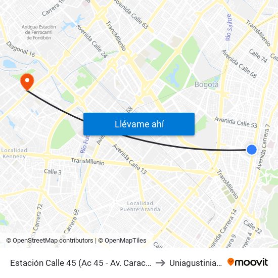 Estación Calle 45 (Ac 45 - Av. Caracas) to Uniagustiniana map