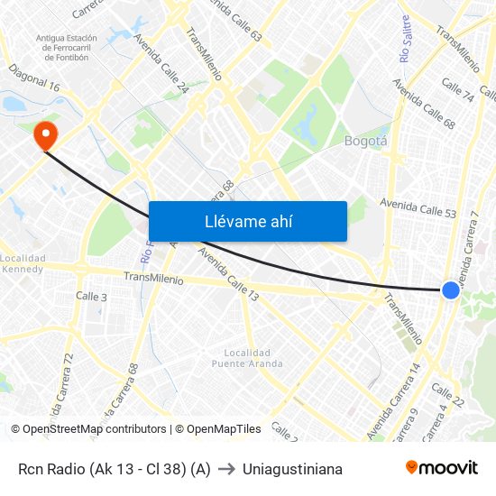 Rcn Radio (Ak 13 - Cl 38) (A) to Uniagustiniana map