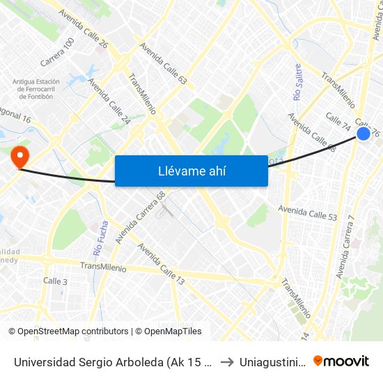 Universidad Sergio Arboleda (Ak 15 - Cl 75) to Uniagustiniana map