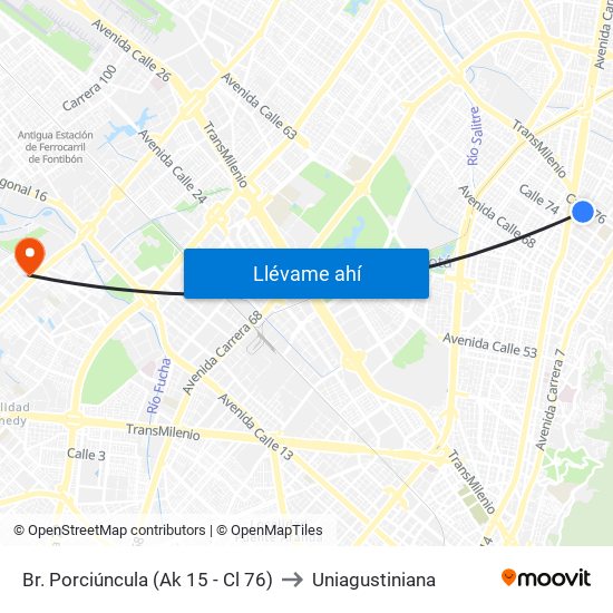 Br. Porciúncula (Ak 15 - Cl 76) to Uniagustiniana map