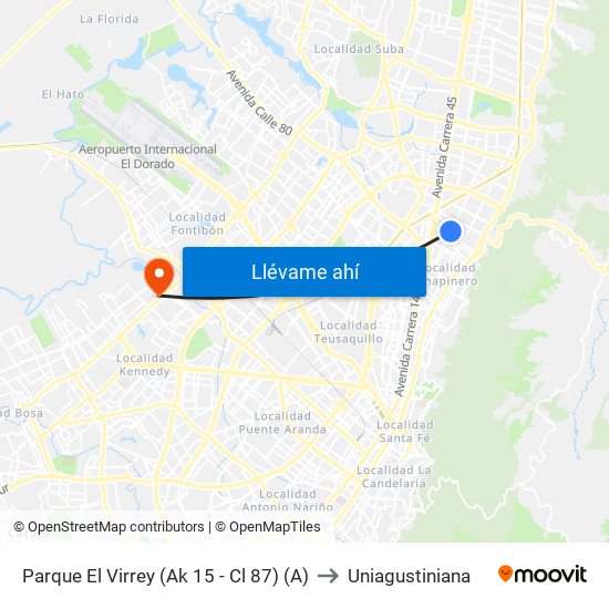 Parque El Virrey (Ak 15 - Cl 87) (A) to Uniagustiniana map