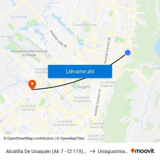 Alcaldía De Usaquén (Ak 7 - Cl 119) (A) to Uniagustiniana map
