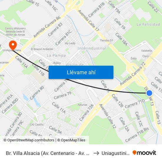 Br. Villa Alsacia (Av. Centenario - Av. Boyacá) to Uniagustiniana map