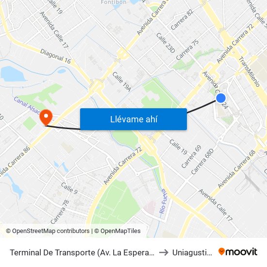 Terminal De Transporte (Av. La Esperanza - Kr 69d) to Uniagustiniana map