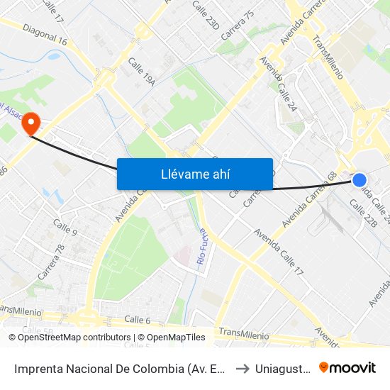 Imprenta Nacional De Colombia (Av. Esperanza - Kr 65) to Uniagustiniana map