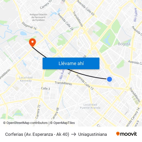 Corferias (Av. Esperanza - Ak 40) to Uniagustiniana map