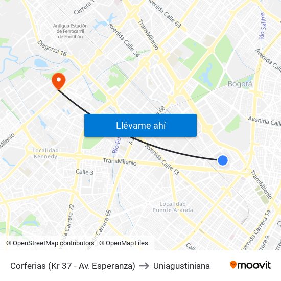 Corferias (Kr 37 - Av. Esperanza) to Uniagustiniana map