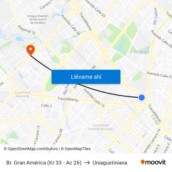 Br. Gran América (Kr 33 - Ac 26) to Uniagustiniana map