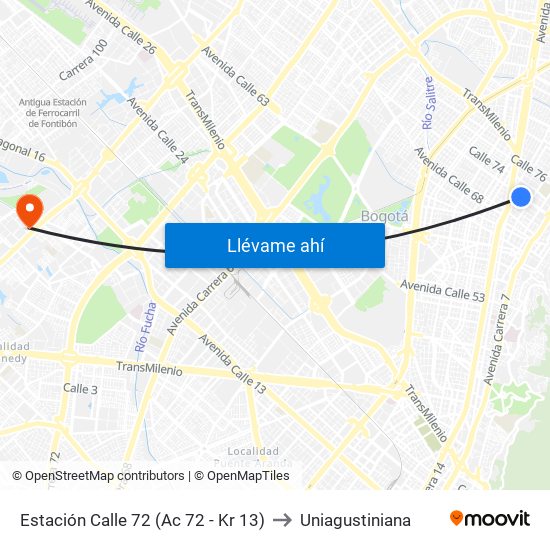 Estación Calle 72 (Ac 72 - Kr 13) to Uniagustiniana map