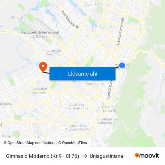 Gimnasio Moderno (Kr 9 - Cl 76) to Uniagustiniana map