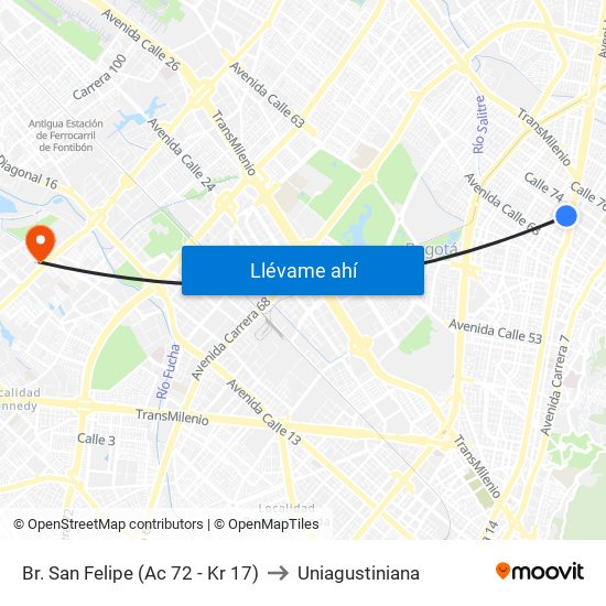 Br. San Felipe (Ac 72 - Kr 17) to Uniagustiniana map