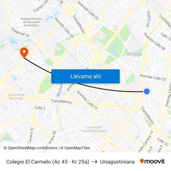 Colegio El Carmelo (Ac 45 - Kr 25a) to Uniagustiniana map
