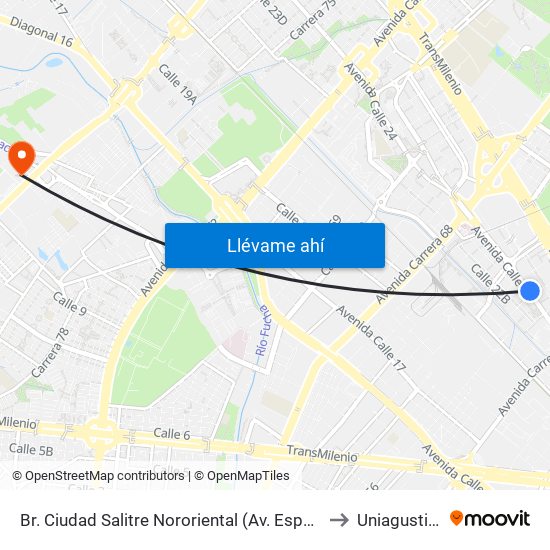 Br. Ciudad Salitre Nororiental (Av. Esperanza - Kr 57) to Uniagustiniana map