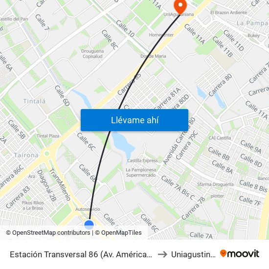 Estación Transversal 86 (Av. Américas - Kr 80c) to Uniagustiniana map