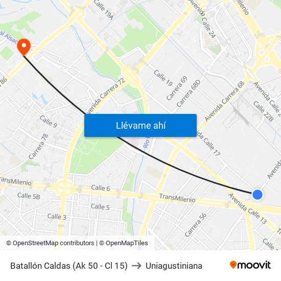 Batallón Caldas (Ak 50 - Cl 15) to Uniagustiniana map