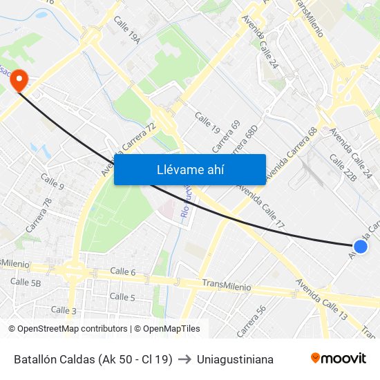 Batallón Caldas (Ak 50 - Cl 19) to Uniagustiniana map