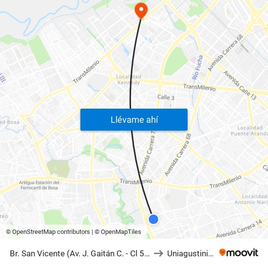 Br. San Vicente (Av. J. Gaitán C. - Cl 54 Sur) to Uniagustiniana map