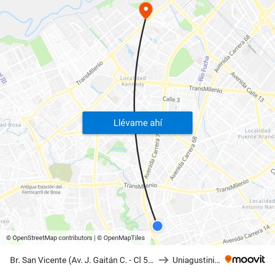 Br. San Vicente (Av. J. Gaitán C. - Cl 53b Sur) to Uniagustiniana map