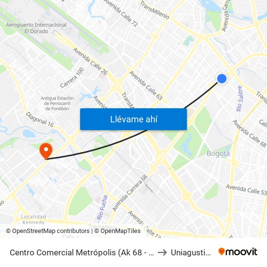 Centro Comercial Metrópolis (Ak 68 - Cl 75a) (A) to Uniagustiniana map