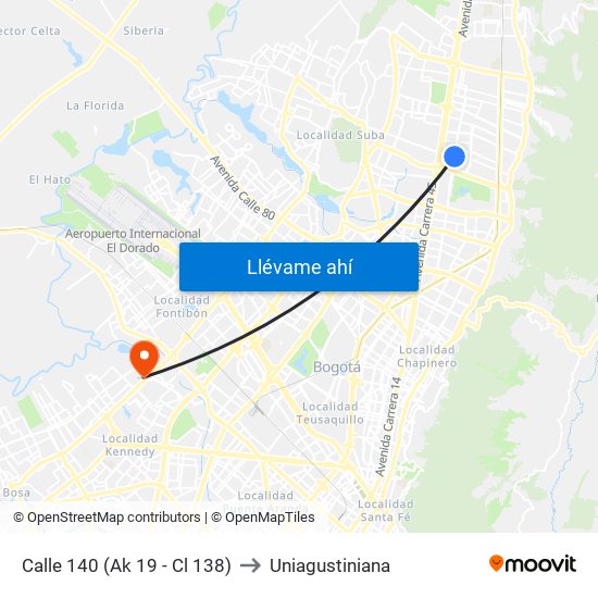 Calle 140 (Ak 19 - Cl 138) to Uniagustiniana map