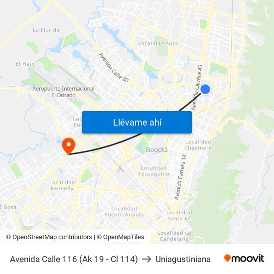 Avenida Calle 116 (Ak 19 - Cl 114) to Uniagustiniana map
