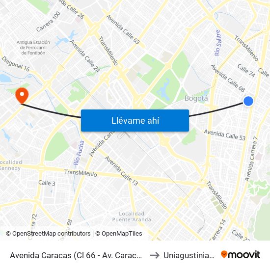 Avenida Caracas (Cl 66 - Av. Caracas) to Uniagustiniana map