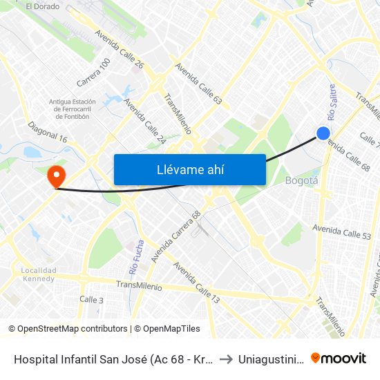 Hospital Infantil San José (Ac 68 - Kr 53) (A) to Uniagustiniana map