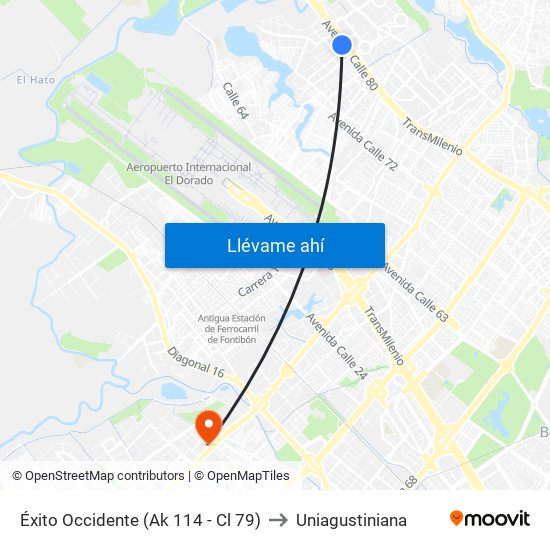 Éxito Occidente (Ak 114 - Cl 79) to Uniagustiniana map