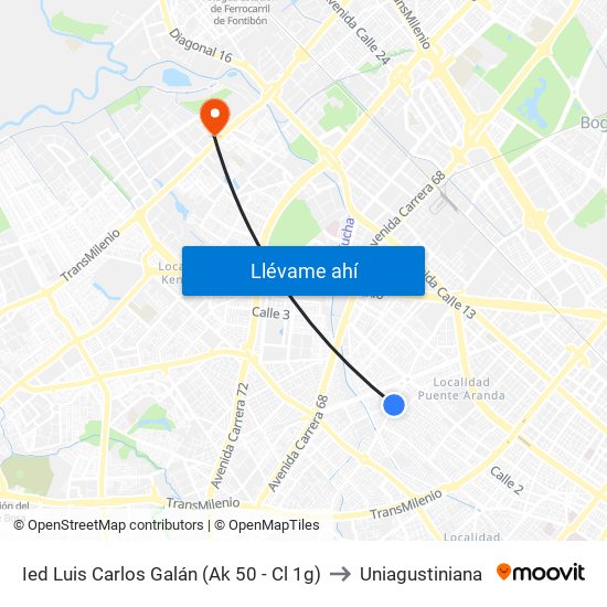 Ied Luis Carlos Galán (Ak 50 - Cl 1g) to Uniagustiniana map