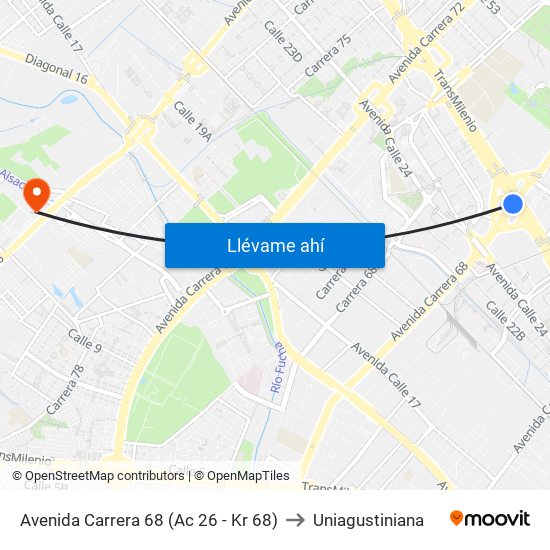 Avenida Carrera 68 (Ac 26 - Kr 68) to Uniagustiniana map