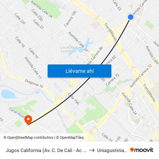 Jugos California (Av. C. De Cali - Ac 63) to Uniagustiniana map