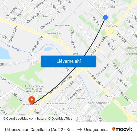 Urbanización Capellanía (Ac 22 - Kr 87c) to Uniagustiniana map