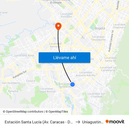 Estación Santa Lucía (Av. Caracas - Dg 45c Sur) to Uniagustiniana map