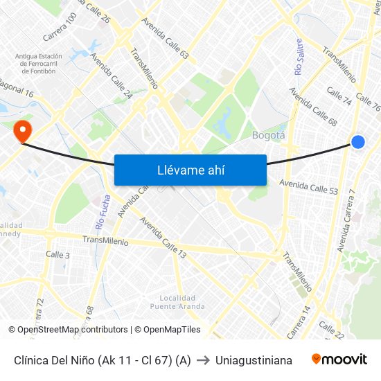 Clínica Del Niño (Ak 11 - Cl 67) (A) to Uniagustiniana map