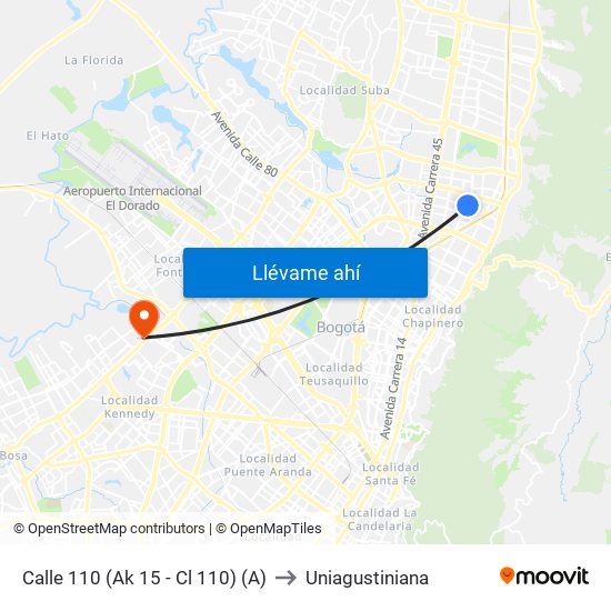 Calle 110 (Ak 15 - Cl 110) (A) to Uniagustiniana map