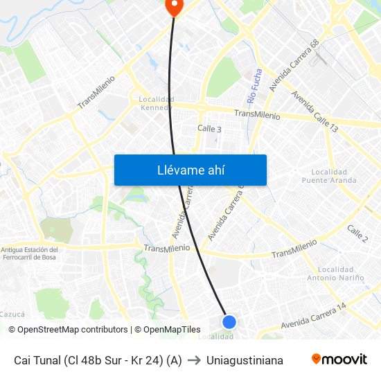 Cai Tunal (Cl 48b Sur - Kr 24) (A) to Uniagustiniana map