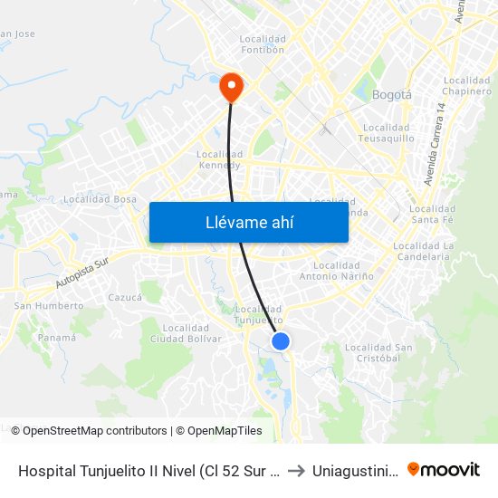 Hospital Tunjuelito II Nivel (Cl 52 Sur - Kr 14) to Uniagustiniana map