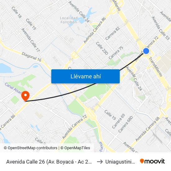 Avenida Calle 26 (Av. Boyacá - Ac 26) (A) to Uniagustiniana map