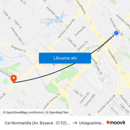 Cai Normandía (Av. Boyacá - Cl 52) (A) to Uniagustiniana map