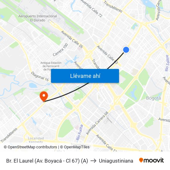 Br. El Laurel (Av. Boyacá - Cl 67) (A) to Uniagustiniana map