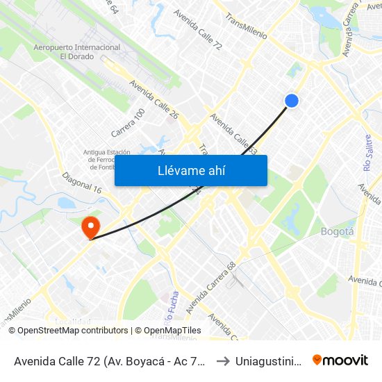 Avenida Calle 72 (Av. Boyacá - Ac 72) (A) to Uniagustiniana map