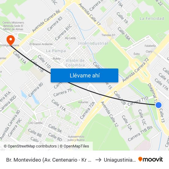 Br. Montevideo (Av. Centenario - Kr 68b) to Uniagustiniana map