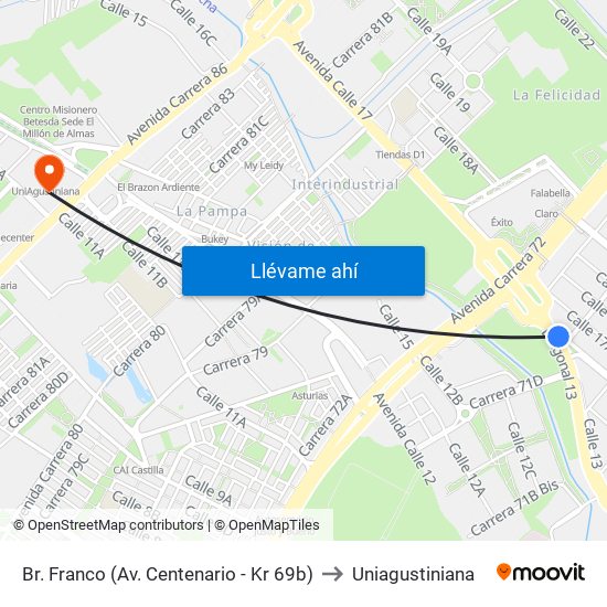 Br. Franco (Av. Centenario - Kr 69b) to Uniagustiniana map