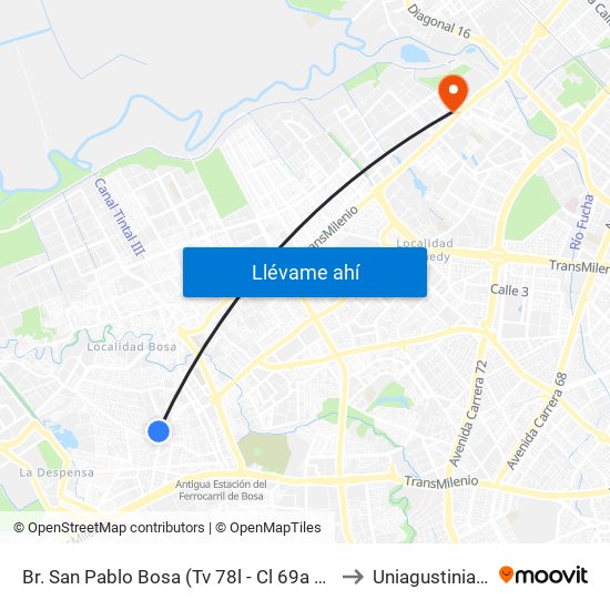 Br. San Pablo Bosa (Tv 78l - Cl 69a Sur) to Uniagustiniana map