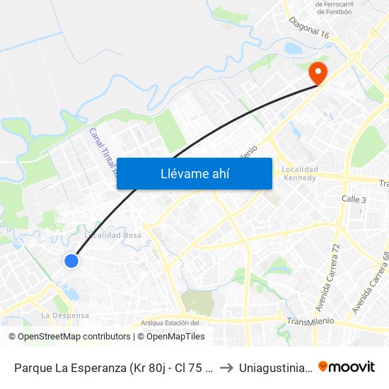 Parque La Esperanza (Kr 80j - Cl 75 Sur) to Uniagustiniana map