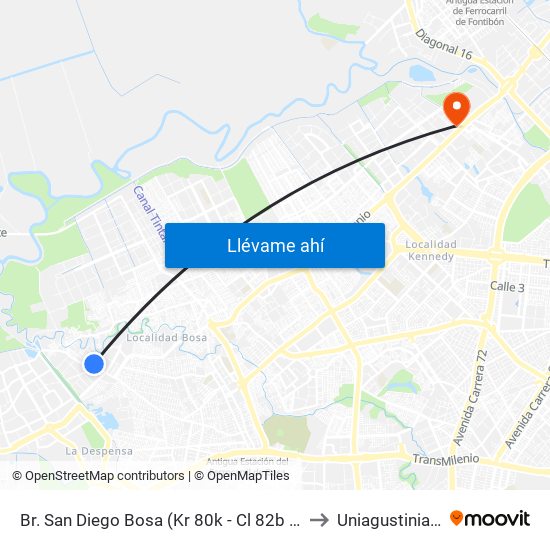 Br. San Diego Bosa (Kr 80k - Cl 82b Sur) to Uniagustiniana map