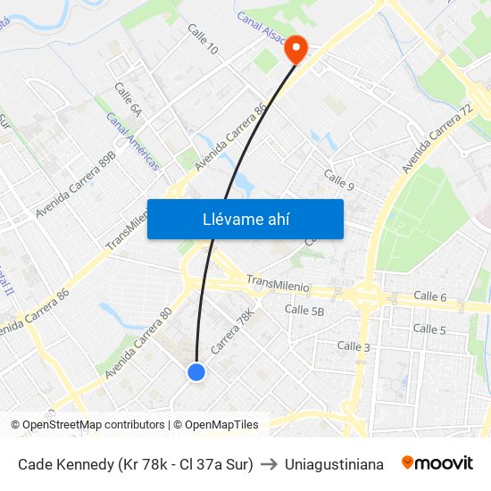 Cade Kennedy (Kr 78k - Cl 37a Sur) to Uniagustiniana map